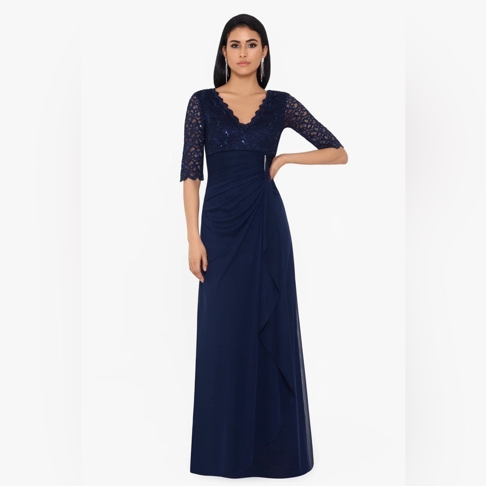 Betsy & Adam "JOHANNA" 3/4 SLEEVE SHEER MATTE JERSEY LONG DRESS
